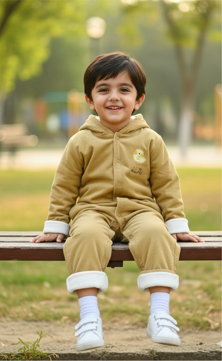 Quilted Cotton Duck Embroidered Hooded Romper | Bunny's Button Premium Comfort