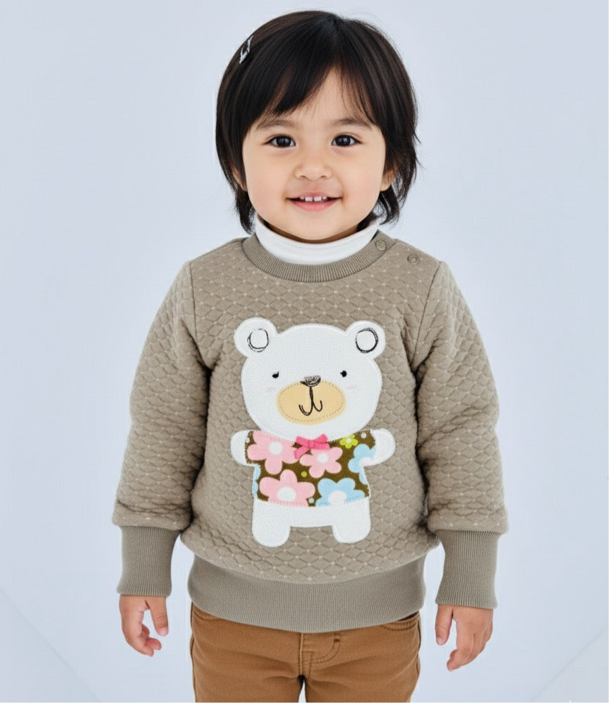Chic Toddler Quilted Sweater with Floral Teddy Bear