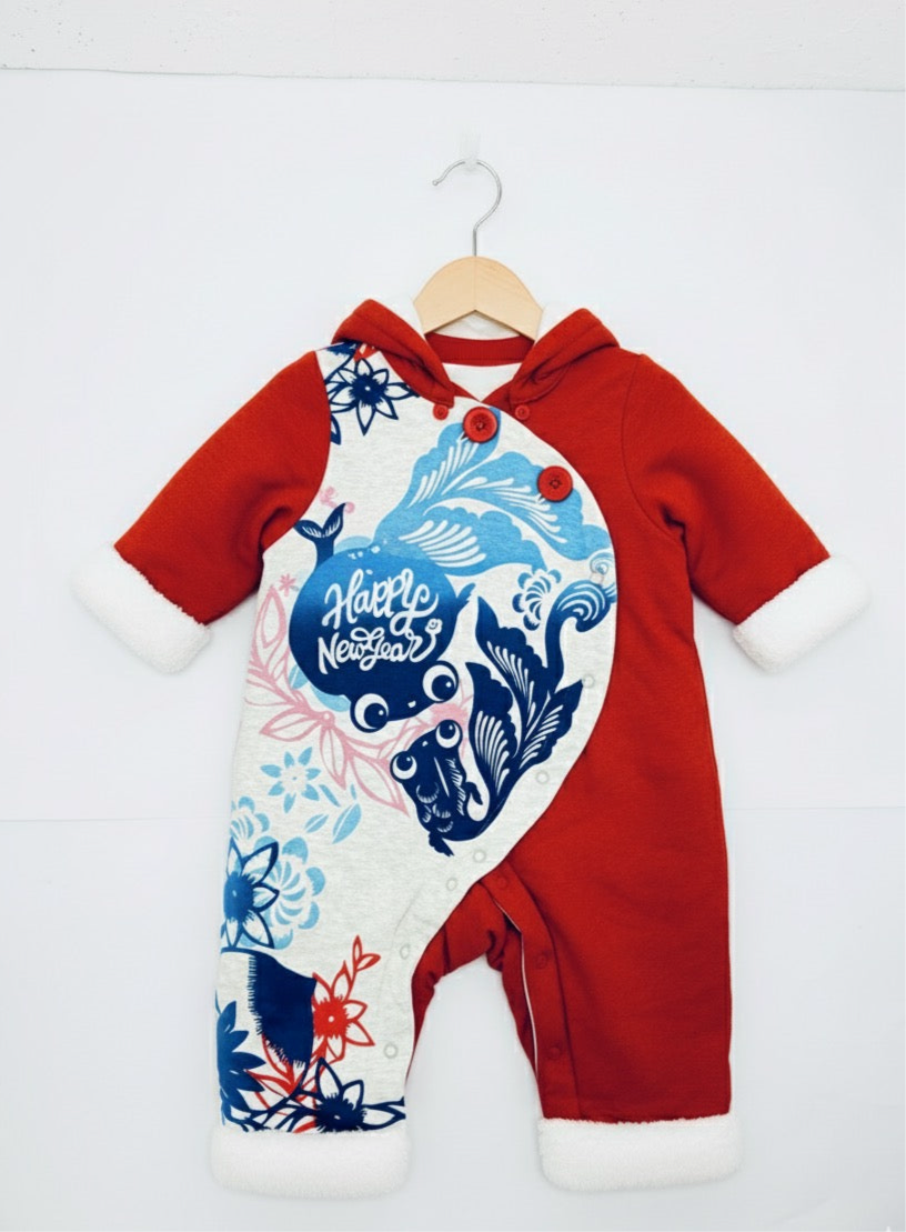 Festive Red & Blue New Year Hoodie Romper