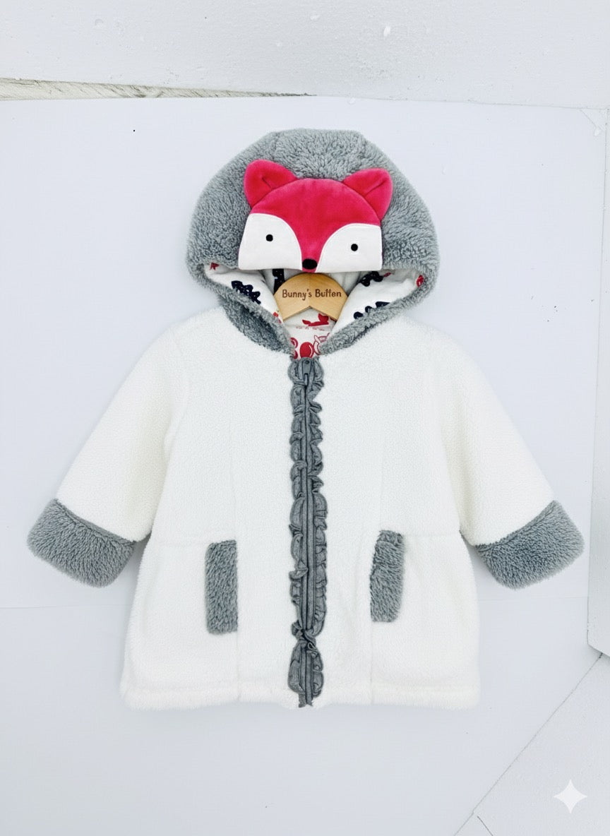 Luxury Toddler Fox Hooded Winter Coat - Ivory & Grey