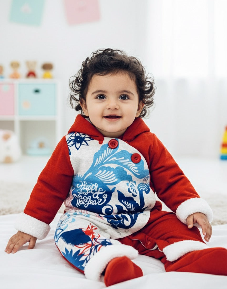 Festive Red & Blue New Year Hoodie Romper