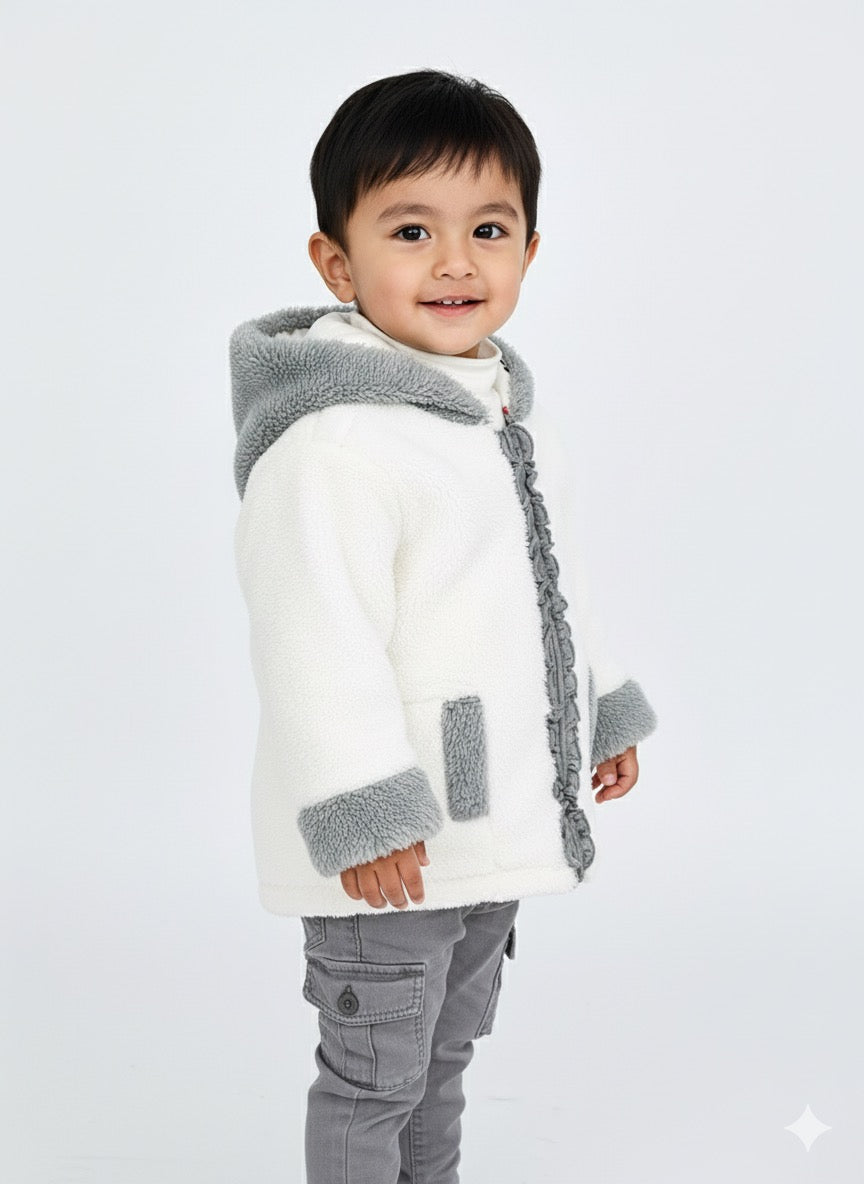 Luxury Toddler Fox Hooded Winter Coat - Ivory & Grey